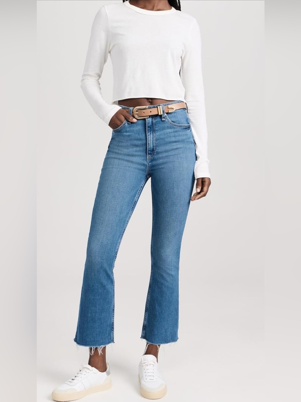 Rag & Bone Casey High-Rise Raw Hem Ankle Flare Jeans in Cindy (Blue)
